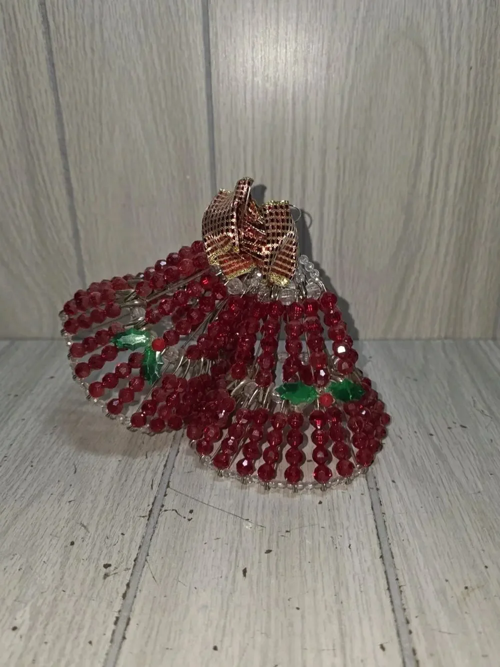Vtg Safety Pin Beaded Bell Christmas Ornament Handmade Festive Decor Kitsch